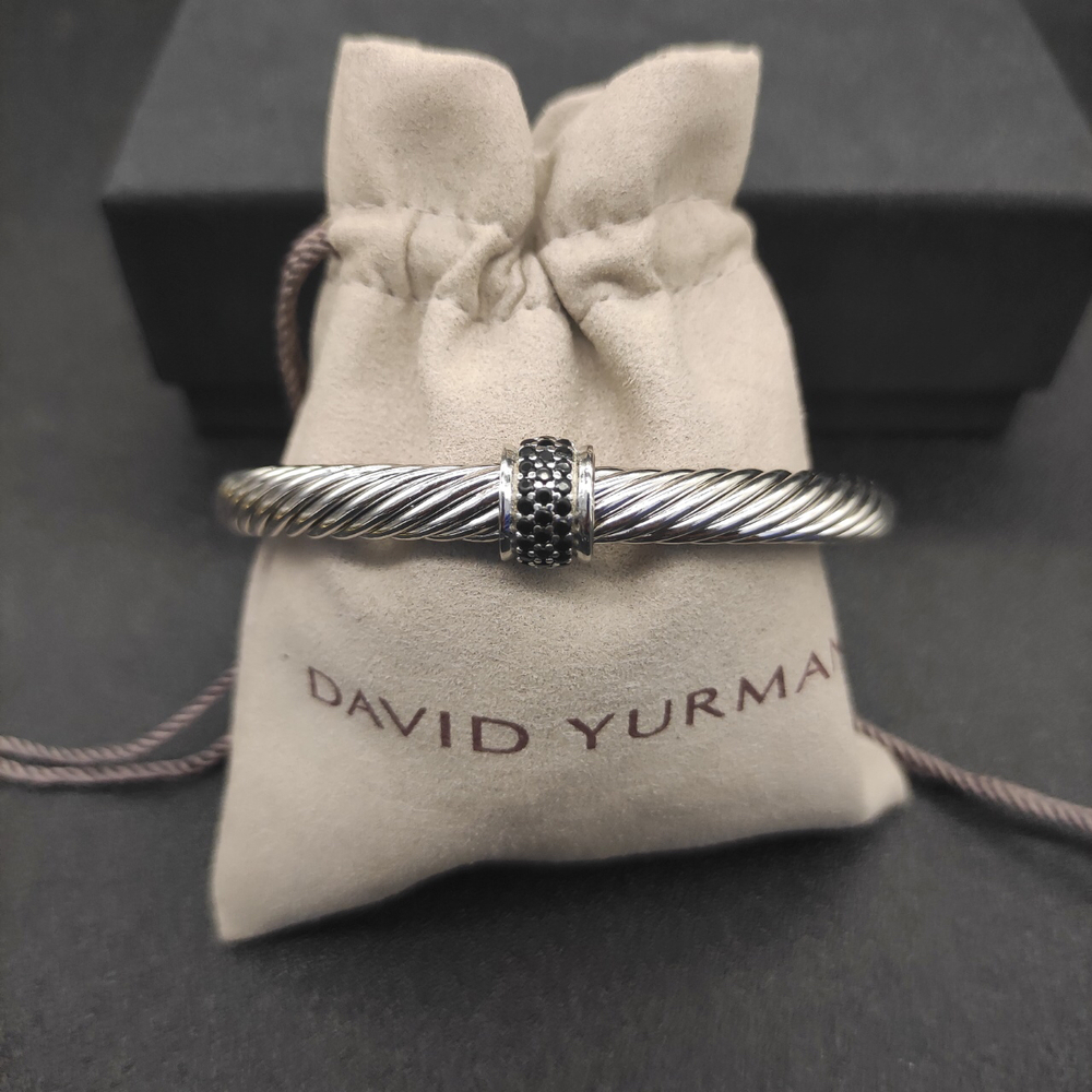 David Yurman 7mm Silver Beaded Black Diamond Bracelet - Picture 4 of 9